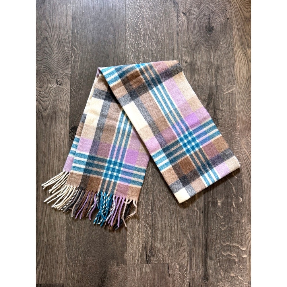 J.Crew Moon England Pure Merino Wool Plaid Scarf Purple Blue Ivory Fringe New
